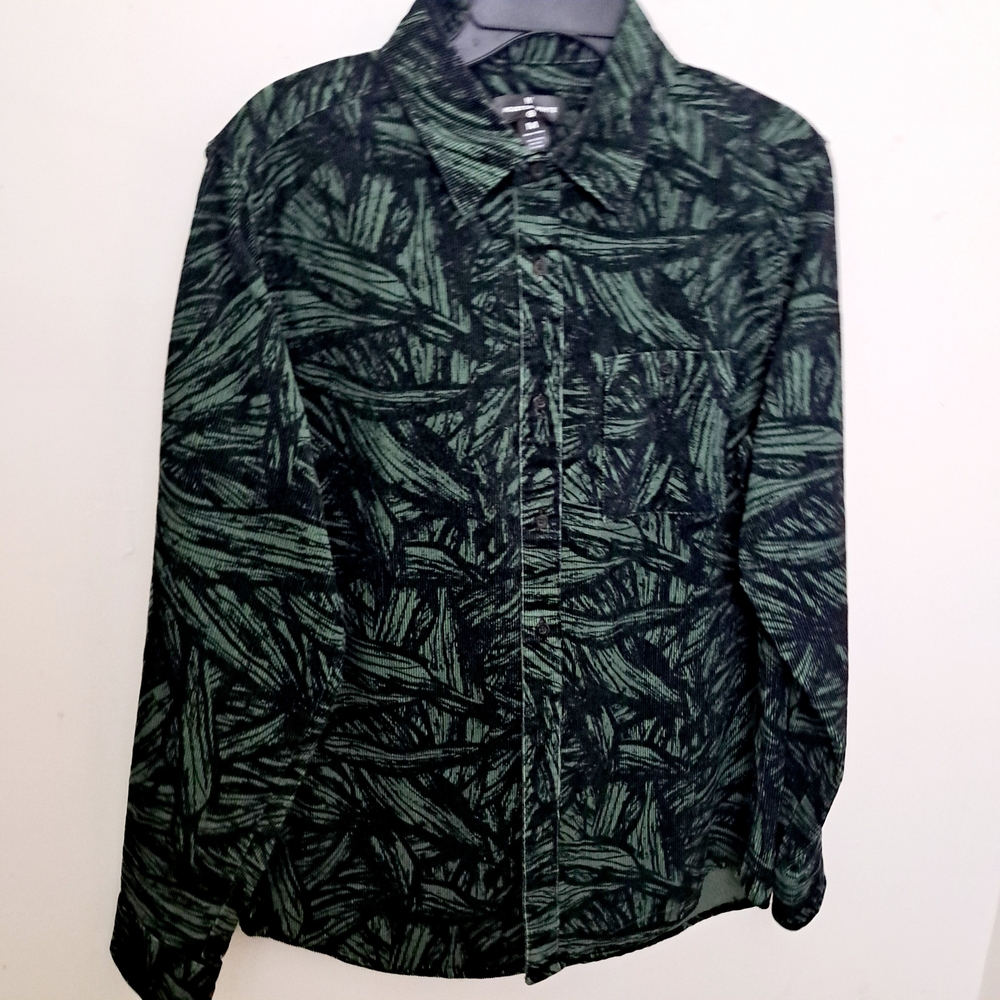 Houston White Men's Corduroy Green Leaf Pattern Casual Button Down Shirt